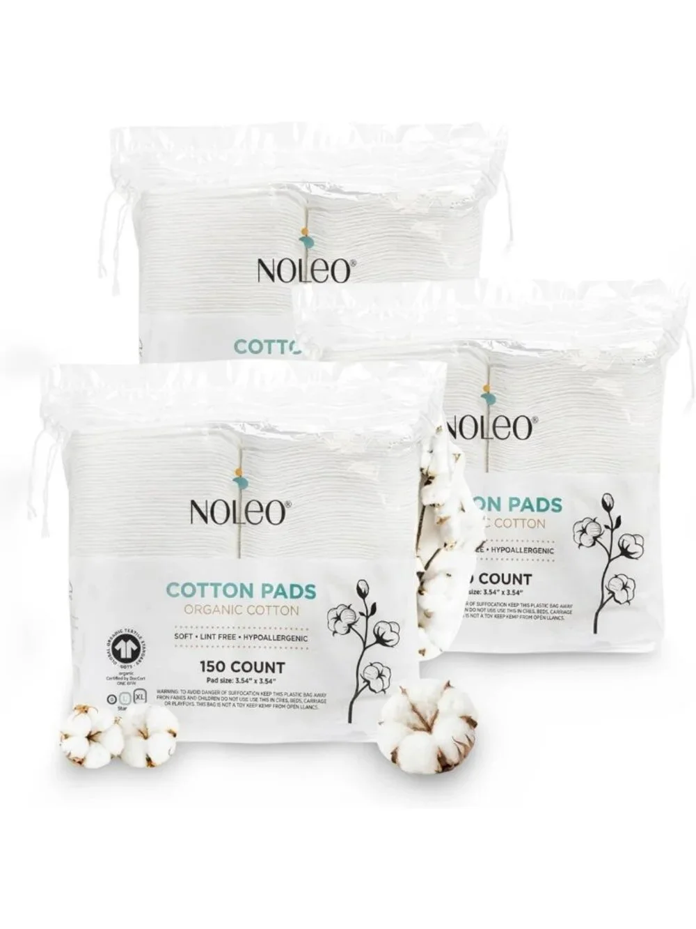 Large Organic Cotton Pads - 450 Count, Lint-Free, Soft, No Hard Edges, Pack of 3